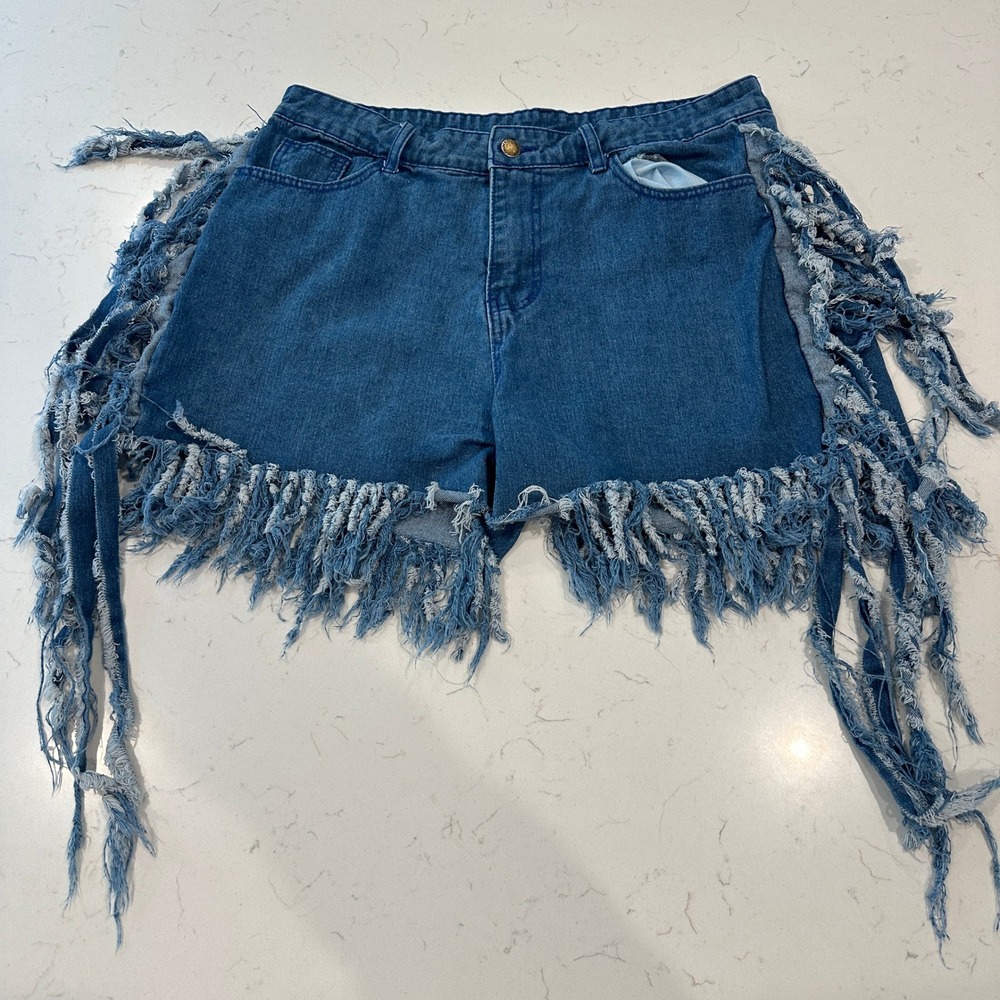 Falmer Heritage Blue Denim Fringe Shorts Distressed High Waist XXL Boho Festival